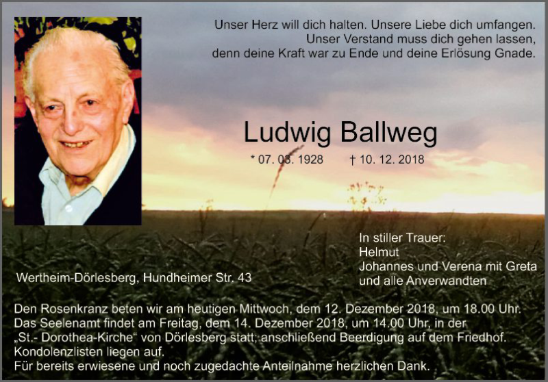  Traueranzeige für Ludwig Ballweg vom 12.12.2018 aus Fränkische Nachrichten