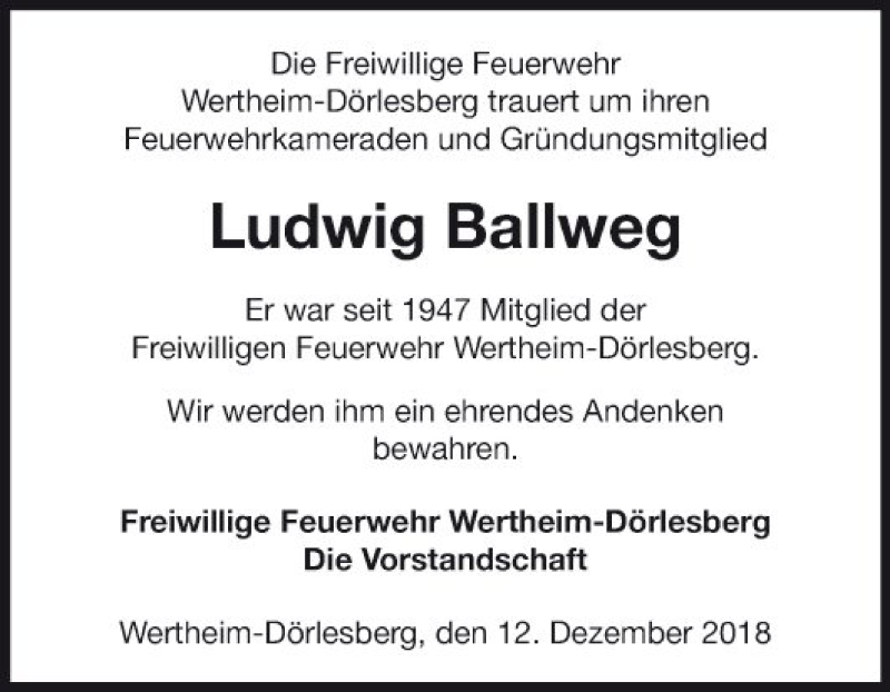  Traueranzeige für Ludwig Ballweg vom 13.12.2018 aus Fränkische Nachrichten