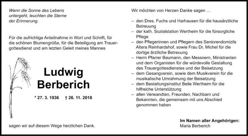  Traueranzeige für Ludwig Berberich vom 10.12.2018 aus Fränkische Nachrichten