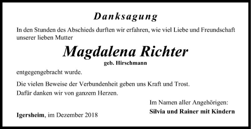  Traueranzeige für Magdalena Richter vom 10.12.2018 aus Fränkische Nachrichten