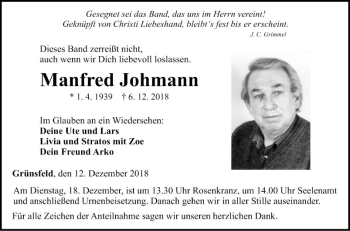 Traueranzeige von Manfred Johmann von Fränkische Nachrichten