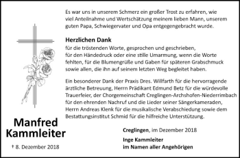 Traueranzeige von Manfred Kammleiter von Fränkische Nachrichten