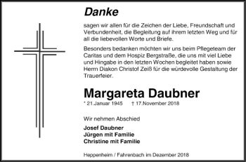Traueranzeige von Margareta Daubner von Bergsträßer Anzeiger