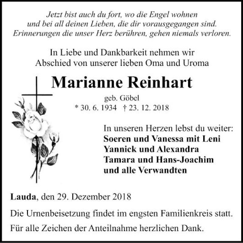 Traueranzeige für Marianne Reinhart vom 29.12.2018 aus Fränkische Nachrichten