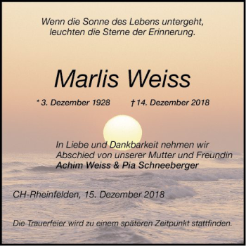 Traueranzeige von Marlis Weiss von Mannheimer Morgen