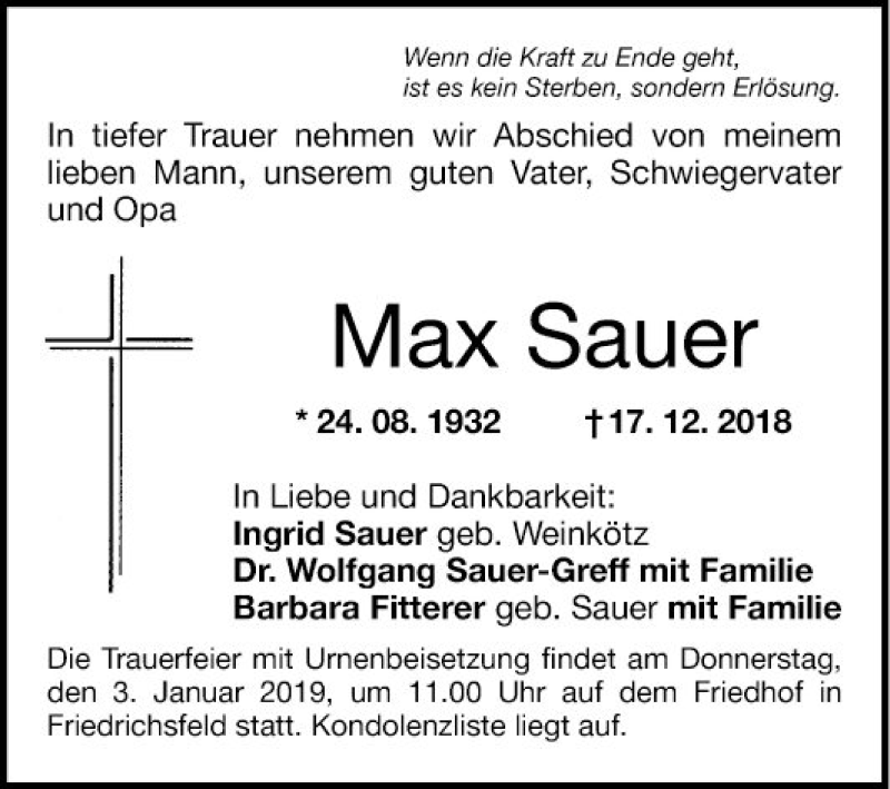  Traueranzeige für Max Sauer vom 29.12.2018 aus Mannheimer Morgen