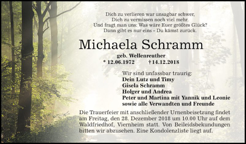  Traueranzeige für Michaela Schramm vom 24.12.2018 aus Mannheimer Morgen