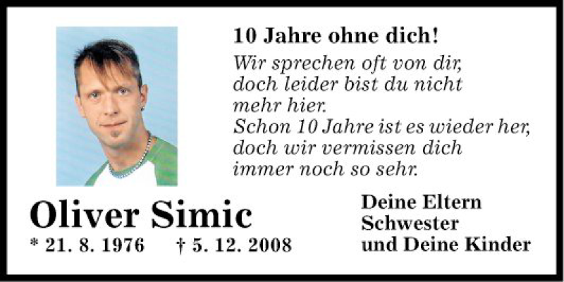  Traueranzeige für Oliver Simic vom 05.12.2018 aus Fränkische Nachrichten