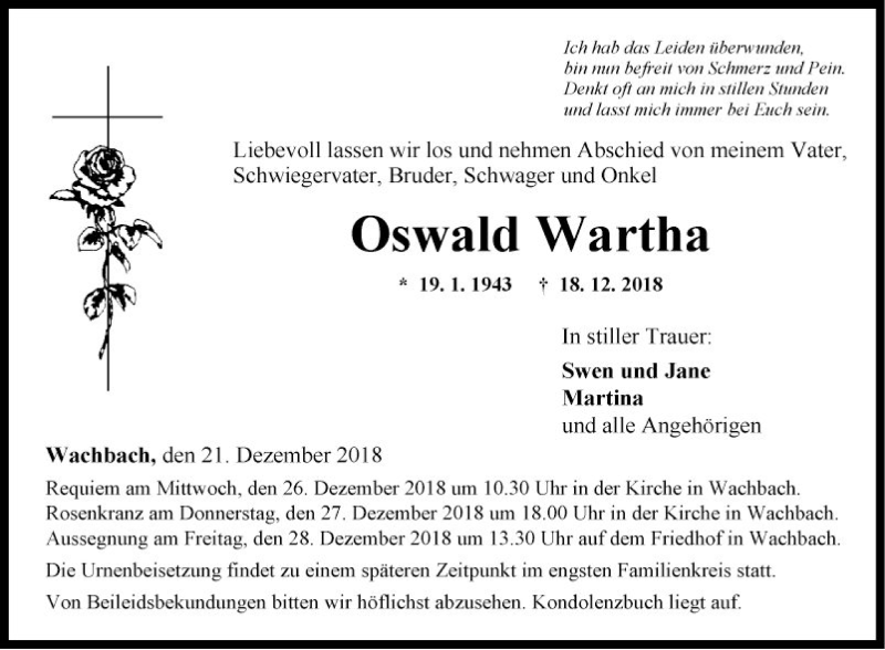  Traueranzeige für Oswald Wartha vom 21.12.2018 aus Fränkische Nachrichten