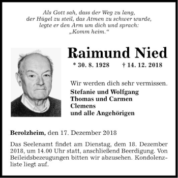 Traueranzeige von Raimund Nied von Fränkische Nachrichten