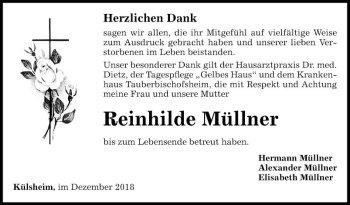 Traueranzeige von Reinhilde Müllner von Fränkische Nachrichten