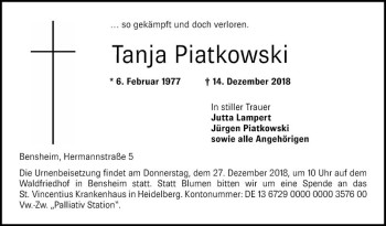 Traueranzeige von Tanja Piatkowski von Bergsträßer Anzeiger