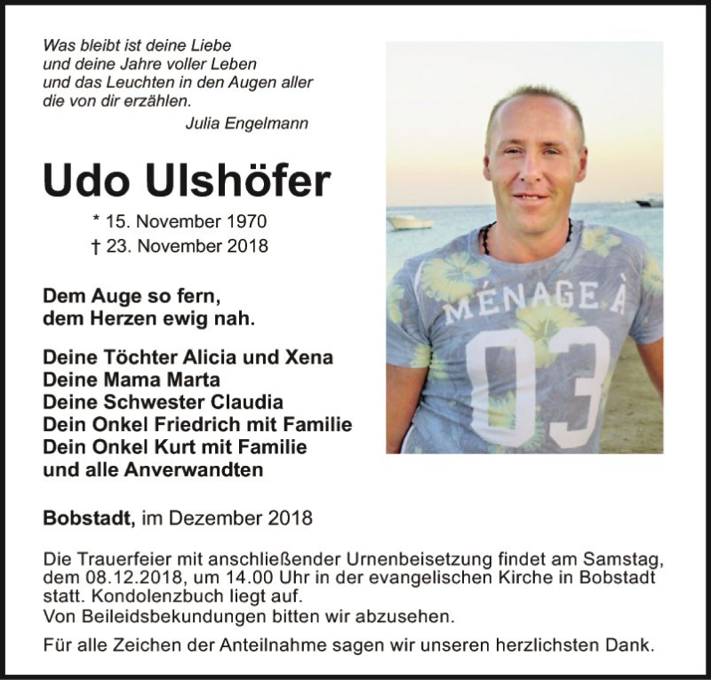  Traueranzeige für Udo Ulshöfer vom 05.12.2018 aus Fränkische Nachrichten