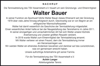 Traueranzeige von Walter Bauer von Fränkische Nachrichten