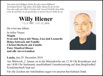 Traueranzeige von Willy Hiener von Fränkische Nachrichten