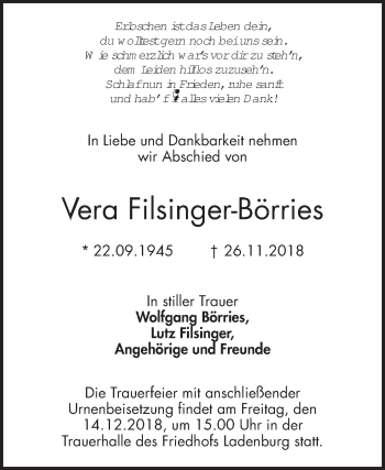 Traueranzeige von Vera Filsinger-Börries 
