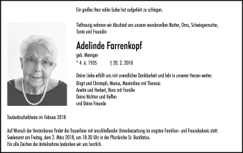 Traueranzeige von Adelinde Farrenkopf von Fränkische Nachrichten