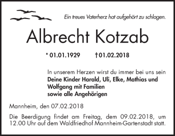 Traueranzeige von Albrecht Kotzab von Mannheimer Morgen / Schwetzinger Zeitung