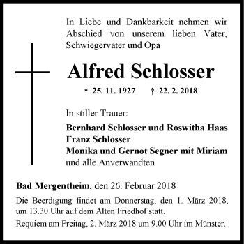 Traueranzeige von Alfred Schlosser von Fränkische Nachrichten