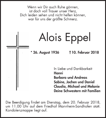Traueranzeige von Alois Eppel von Mannheimer Morgen
