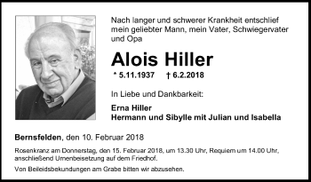 Traueranzeige von Alois Hiller von Fränkische Nachrichten