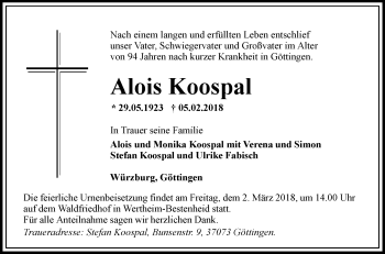 Traueranzeige von Alois Koospal von Fränkische Nachrichten