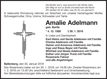 Traueranzeige von Amalie Adelmann von Fränkische Nachrichten