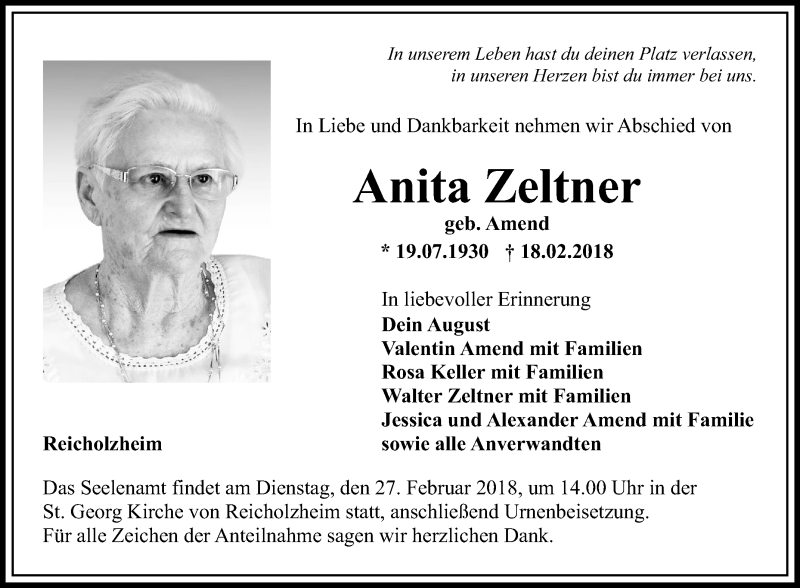  Traueranzeige für Anita Zeltner vom 24.02.2018 aus Fränkische Nachrichten