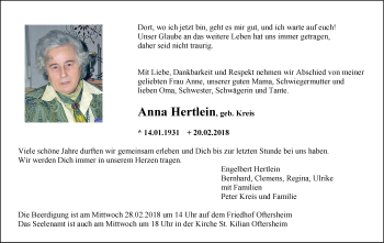 Traueranzeige von Anna Hertlein von Schwetzinger Zeitung