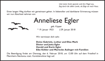 Traueranzeige von Anneliese Egler von Mannheimer Morgen / Schwetzinger Zeitung