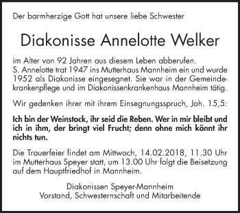 Traueranzeige von Annelotte Welker von Mannheimer Morgen