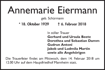 Traueranzeige von Annemarie Eiermann von Mannheimer Morgen