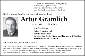 Traueranzeige von Artur Gramlich von Fränkische Nachrichten