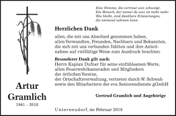 Traueranzeige von Artur Gramlich von Fränkische Nachrichten