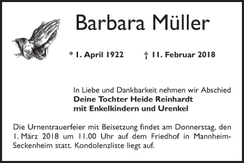 Traueranzeige von Barbara Müller von Mannheimer Morgen