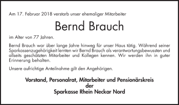 Traueranzeige von Bernd Brauch von Mannheimer Morgen