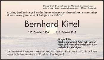 Traueranzeige von Bernhard Kittel von Mannheimer Morgen