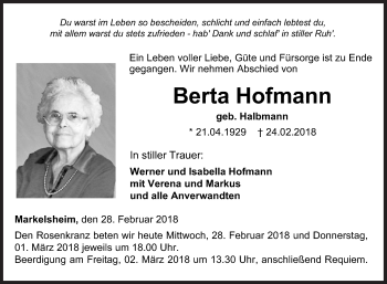 Traueranzeige von Berta Hofmann von Fränkische Nachrichten