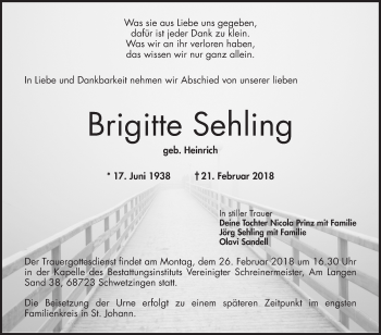 Traueranzeige von Brigitte Sehling von Schwetzinger Zeitung