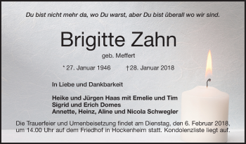 Traueranzeige von Brigitte Zahn von Mannheimer Morgen / Schwetzinger Zeitung