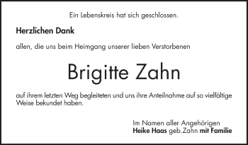 Traueranzeige von Brigitte Zahn von Schwetzinger Zeitung