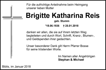 Traueranzeige von Brigitte Katharina Reis von Mannheimer Morgen / Schwetzinger Zeitung