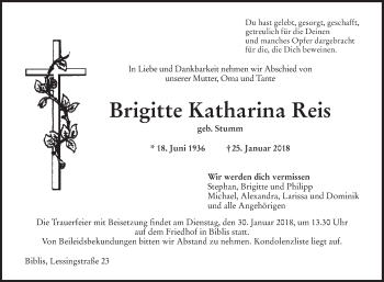 Traueranzeige von Brigitte Katharina Reis von Mannheimer Morgen / Schwetzinger Zeitung