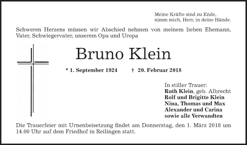  Traueranzeige für Bruno Klein vom 26.02.2018 aus Schwetzinger Zeitung