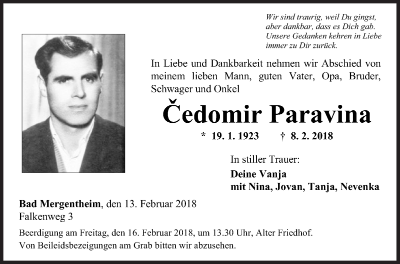  Traueranzeige für Cedomir Paravina vom 13.02.2018 aus Fränkische Nachrichten