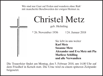 Traueranzeige von Christel Metz von Mannheimer Morgen / Schwetzinger Zeitung