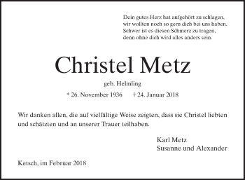 Traueranzeige von Christel Metz von Schwetzinger Zeitung