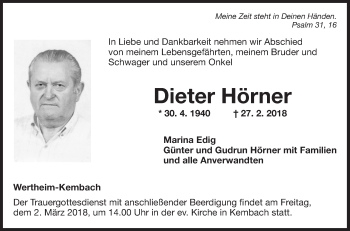 Traueranzeige von Dieter Hörner von Fränkische Nachrichten