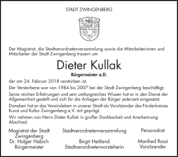 Traueranzeige von Dieter Kullak von Bergsträßer Anzeiger