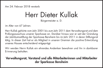 Traueranzeige von Dieter Kullak von Bergsträßer Anzeiger